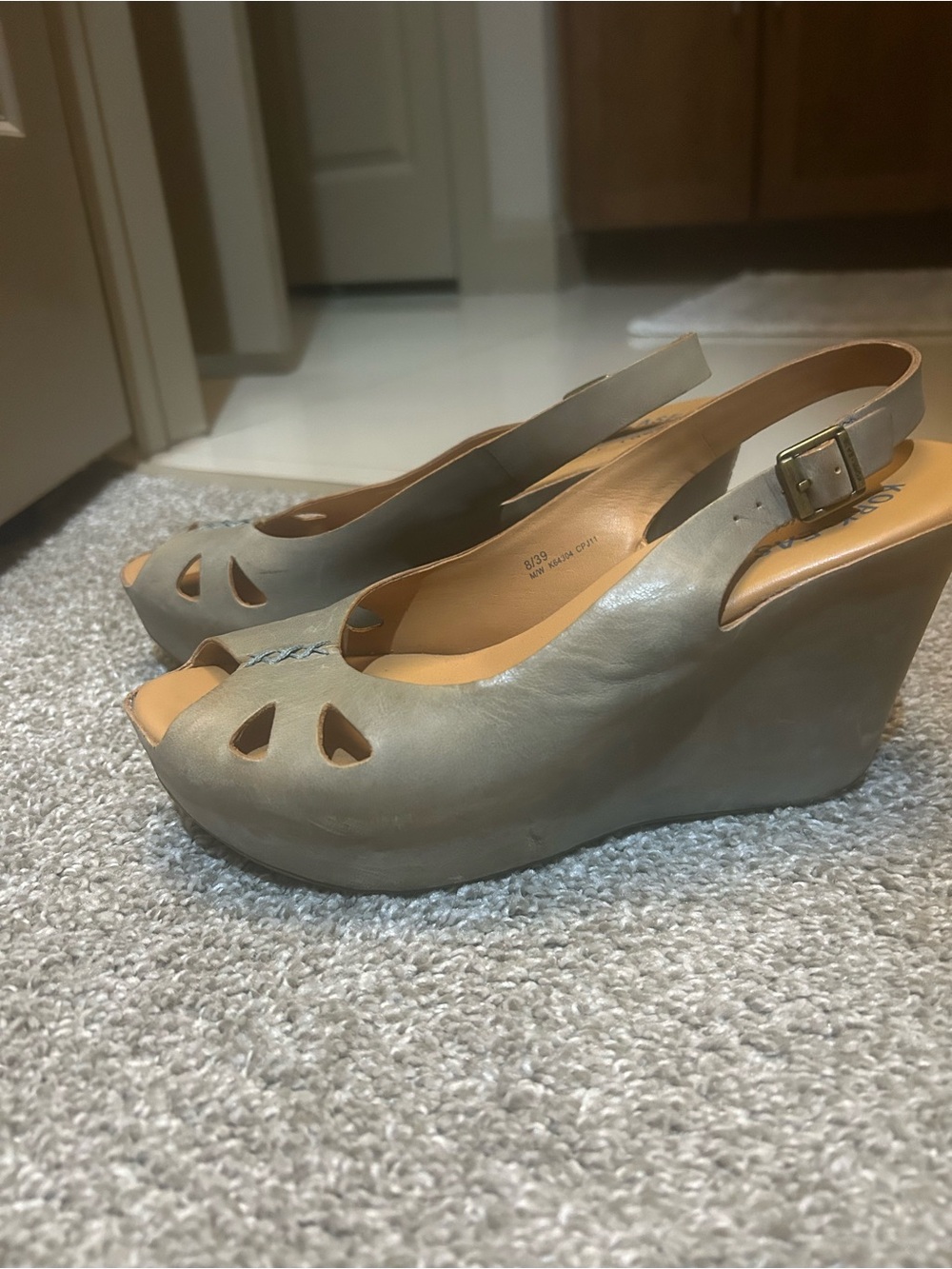 Kork-Ease Gray Open-Toe Slingback Wedge Heels